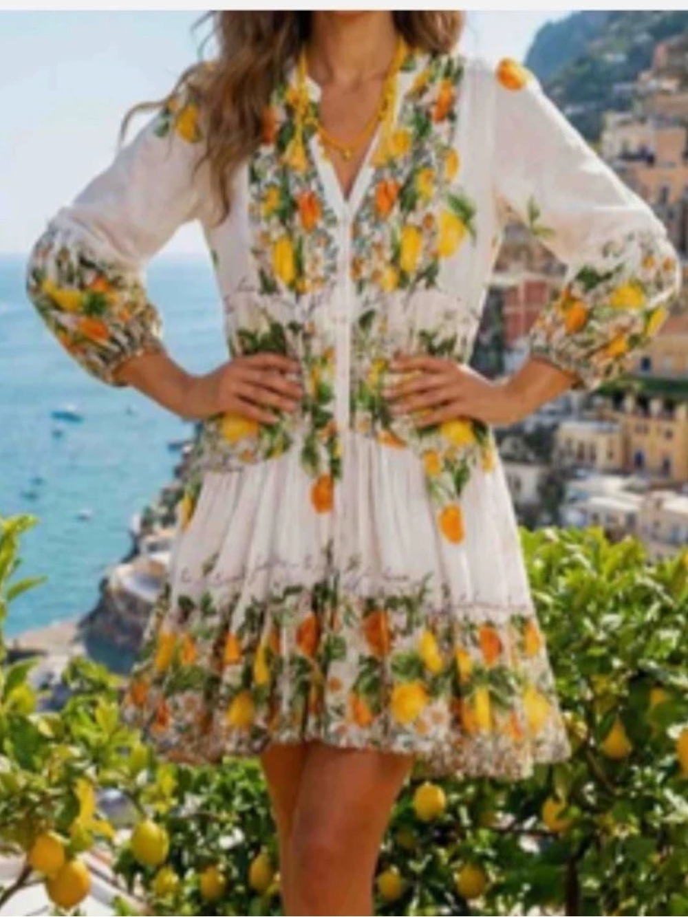 Antica Sartoria 2026 Lemon Print Button-Front Tiered Dress OS